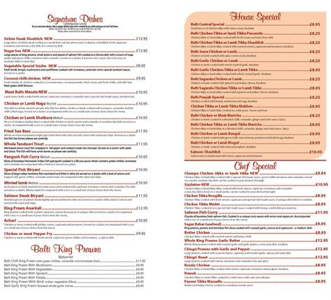 Balti Central restaurant menu