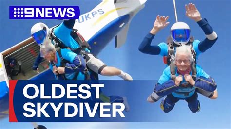 102 Year Old Woman Becomes Britains Oldest Skydiver 9 News Australia