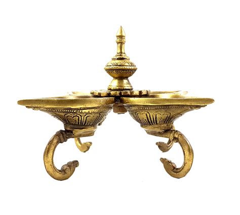 Brass Ethnic Indian Design Four Diyas On Curved Stand Two Moustaches