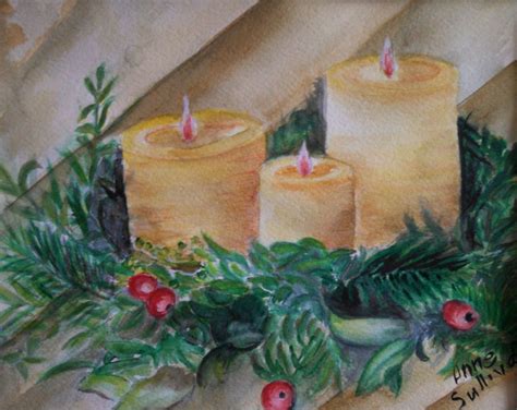 Christmas Candles Watercolor Original White Mat Included With