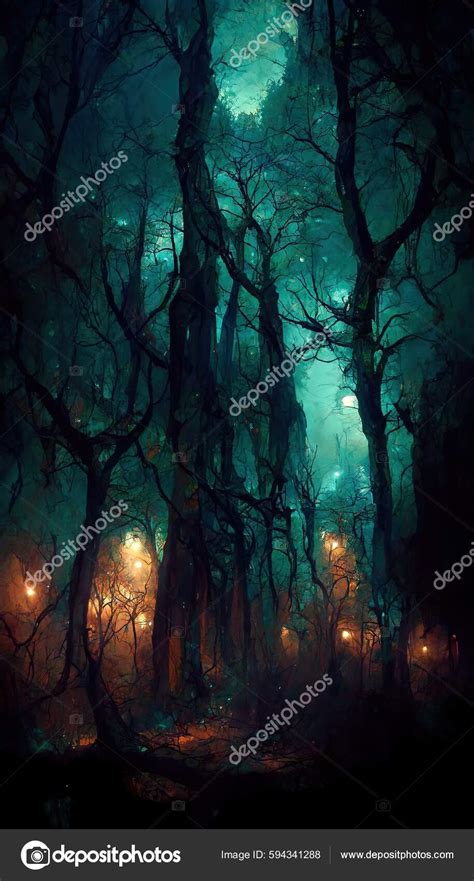 Realistic Haunted Forest Creepy Landscape Night Fantasy Halloween Forest Background Stock Photo ...