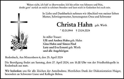 Traueranzeigen Von Christa Hahn Vrm Trauer De