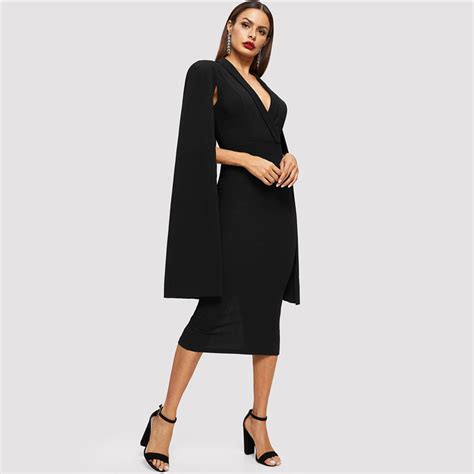 Women Cape Sleeve Deep V Neck Shawl Surplice Pencil Bodycon Dress