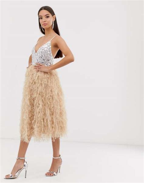 Asos Design Encrusted Bodice Faux Feather Midi Dress Asos