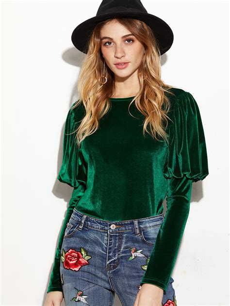 Blusa De Terciopelo Con Mangas Abullonadas Verde Spanish Shein