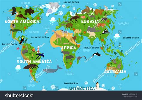 Childrens World Map Names Continents Oceans Stock Vector (Royalty Free ...