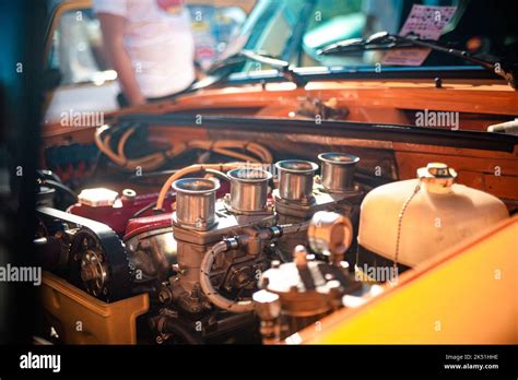 Engine Bay On An Fiat Abarth Seat 124 With A Dual Carburator Setup On