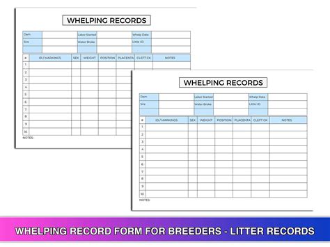 Whelping Record Form For Breeders Litter Records Canva Template Us