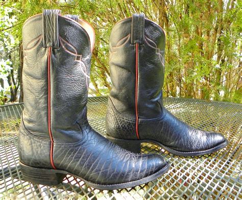 Vintage Tony Lama Bullhide Leather Western Boots Black Ropers Gold