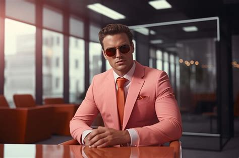 Premium Photo Businessman Wearing A Soft Pink Suit And Sunglasses In The Office