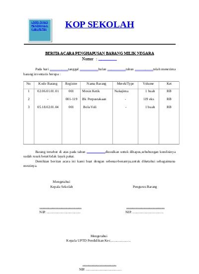 Format Berita Acara Penghapusan Barang Inventaris Sekolah File Terbaru