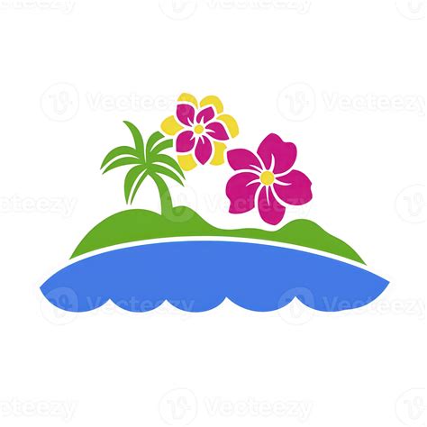 A vibrant illustration of tropical island features colorful flowers and