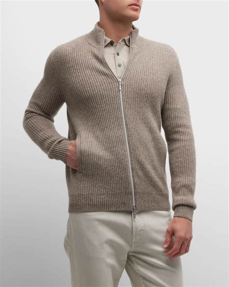 Neiman Marcus Mens Cashmere Ribbed Full Zip Sweater Neiman Marcus