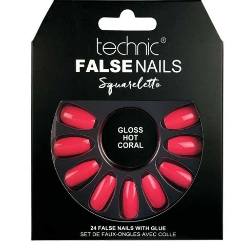 Technic False Nails With Glue Squareletto Gloss Hot Coral 24 Pcs