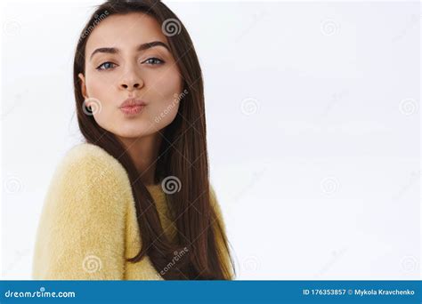 Beauty Women And Fashion Concept Alluring Cheeky Brunette Woman Sending You Air Kiss Folding