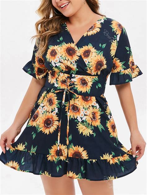 Off Plus Size Sunflower Print Lace Up Mini Dress Rosegal