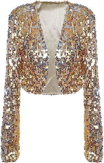 Prettyguide Women Sequin Jacket Long Sleeve Sparkly Cropped Shrug Clubwear