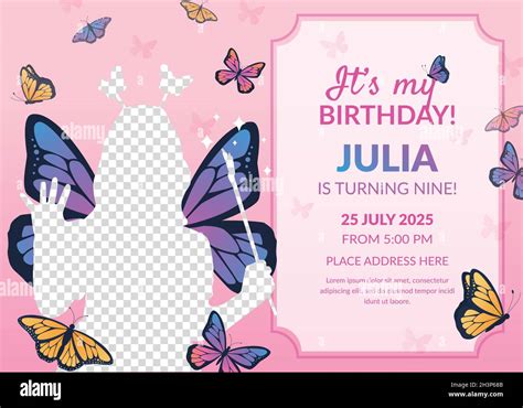 Butterfly Birthday Invitation Template With Photo Vector Design Illustration Stock Vector Image