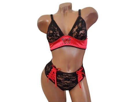 Butterfly Lace And Satin Sexy Bralette Set Handmade Lingerie Cage Gothic Gift Idea Panties Women
