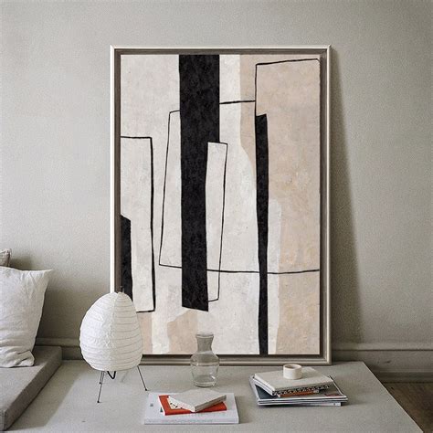 Minimalist Art Black & White Painting, Original Abstract Art for Living Room, Beige Minimalist ...