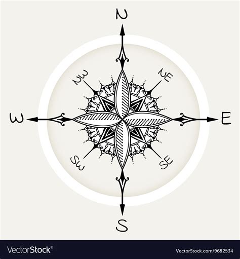 Graphic Wind Rose Compass Drawn With Floral Vector Image