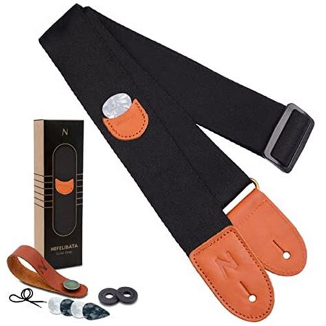 Guitar Strap With Pick Pocket Cotton Full Grain Genuine Leather