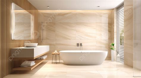 An Image Of A Modern Bathroom With Beige Colored Walls Background 3d Interior Design Of A