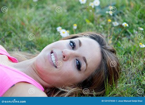 Blonde Woman Lying In A Beautiful Field Full Of Flowers Stock Photo Image Of Cheerful Fashion