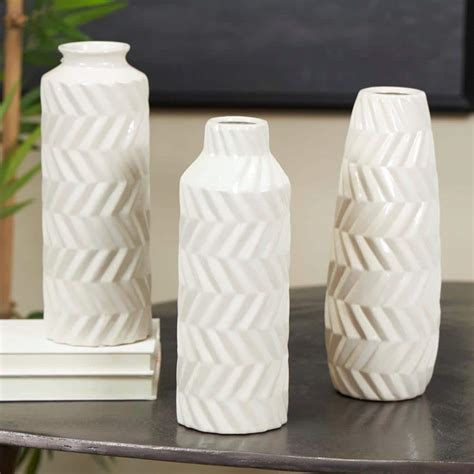 Litton Lane White Dimensional Chevron Textured Ceramic Decorative Vase