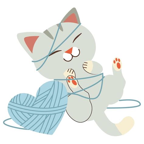 El Personaje De Lindo Gato Jugando Con Hilo En Estilo Vector Plano