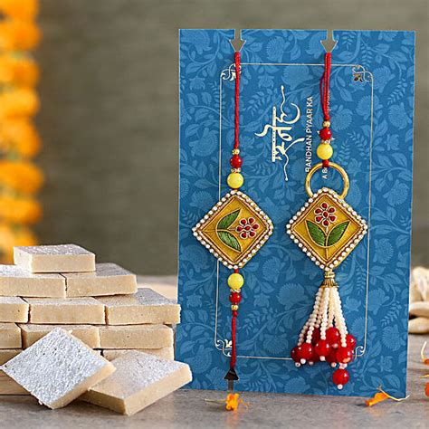 Rajasthani Embroidered Lumba Rakhi Set With Kaju Katli Canada Gift