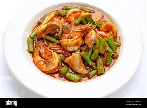 Spicy Stir Fried Seafood And Yard Long Bean With Red Curry Paste Thai