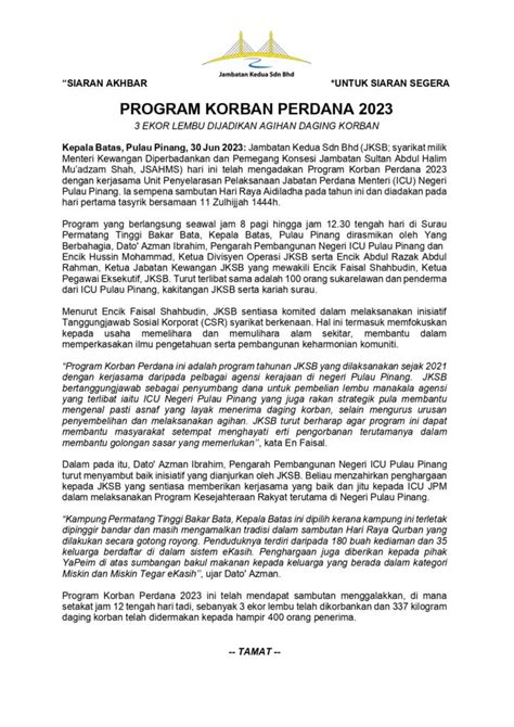 Press Release Program Korban Perdana Jambatan Kedua Sdn Bhd