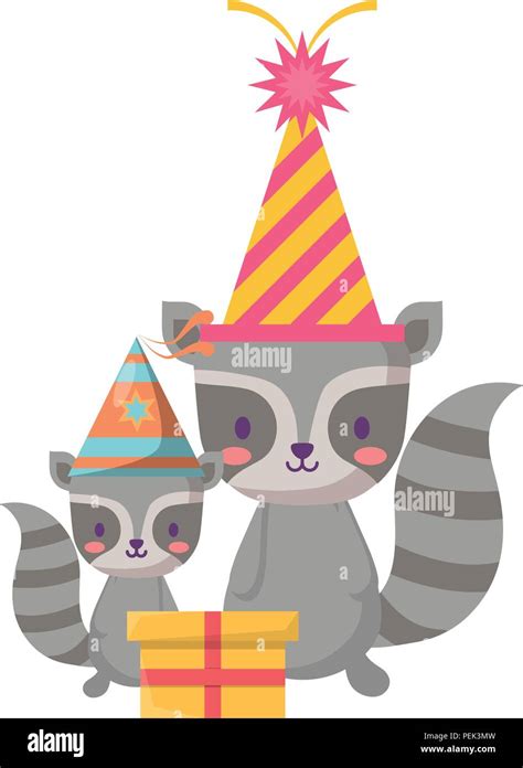 Happy Birthday Design With Cute Raccoons With Party Hats Over White