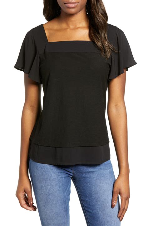 Lyst Vince Camuto Layered Look Flutter Sleeve Top In Black