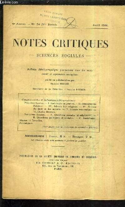 NOTES CRITIQUES SCIENCES SOCIALES BULLETIN BIBLIOGRAPHIQUE 6E ANNEE