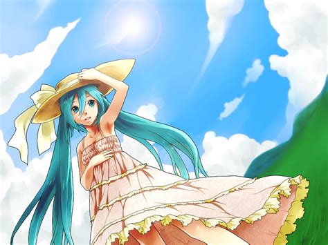 Hatsune Miku Pretty Sun Grass Cg Clouds Nice Anime Aqua Beauty