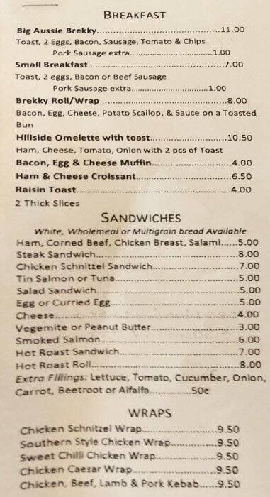 Menu At Hillside Cafe Yatala