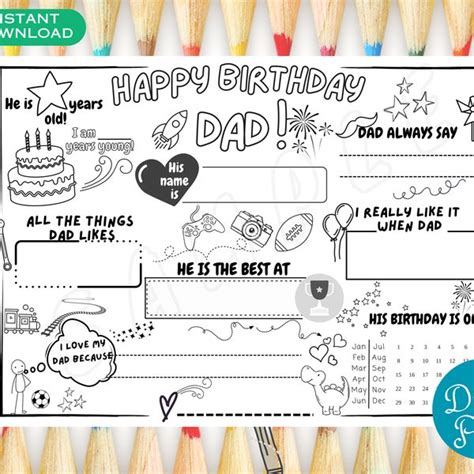 Happy Birthday Dad Coloring Page Etsy