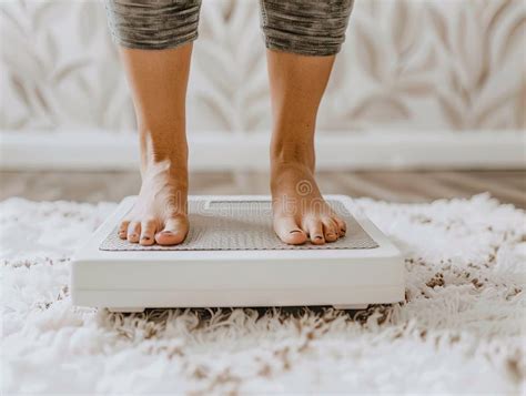 A Woman Standing On A Bathroom Scale With Her Feet On The Scale Stock