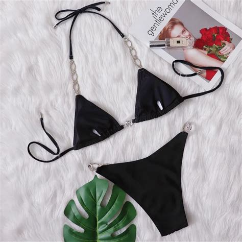 Fashion Sexy Bikini New Black Bandage Rhinestone Womens Swimsuits