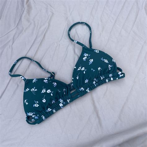 Blue And White Floral Bikini Top With Gold Accents Depop