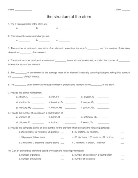 atomic structure worksheet