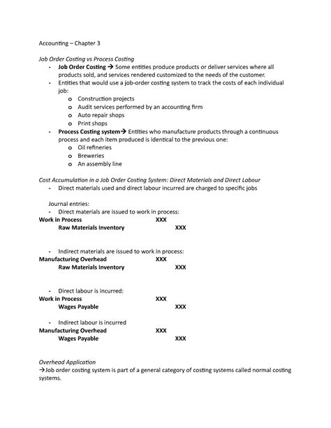 Chapter Notes Job Order Costing Accounting Chapter Job Order