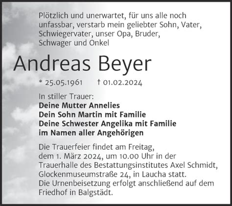 Traueranzeigen Von Andreas Beyer Abschied Nehmen De