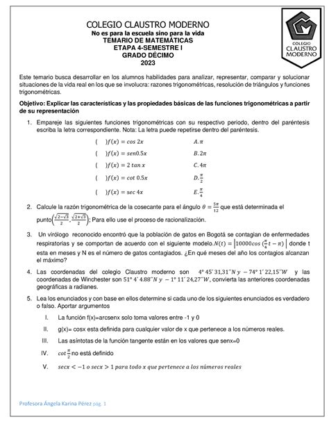 Temario 10 2023 Semestre I Matemáticas No Es Para La Escuela Sino