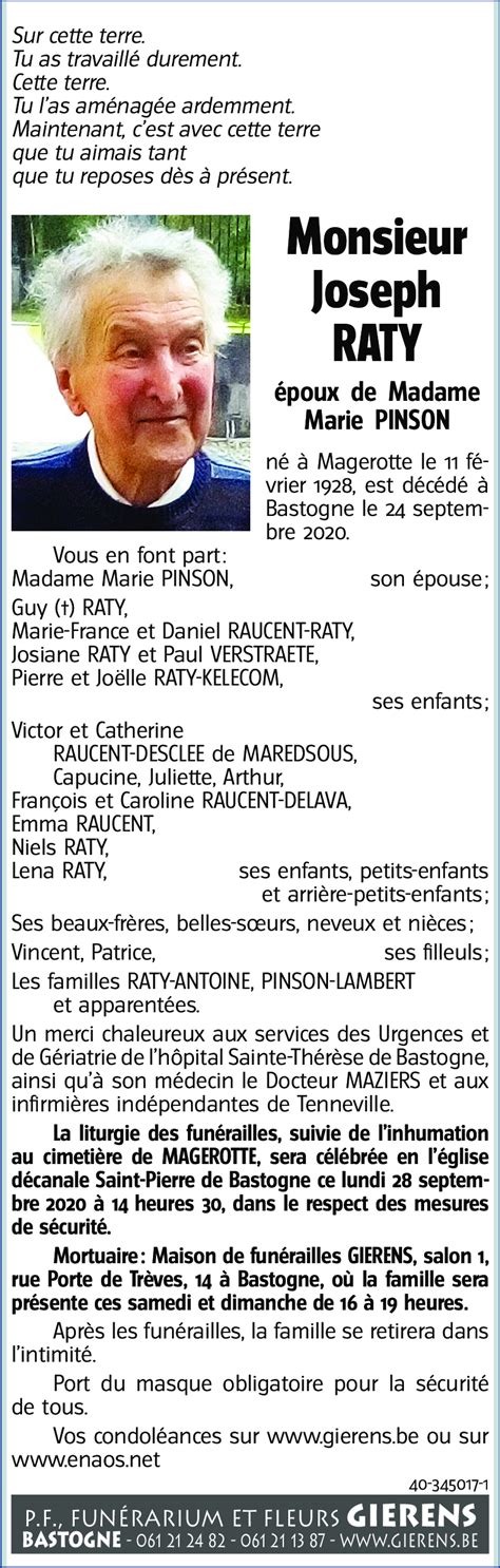 Avis De D C S De Joseph Raty D C D Le Bastogne Annonce