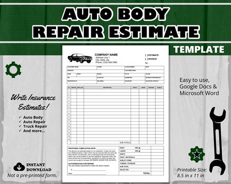 Editable Auto Body Repair Estimate Template Word Google Docs