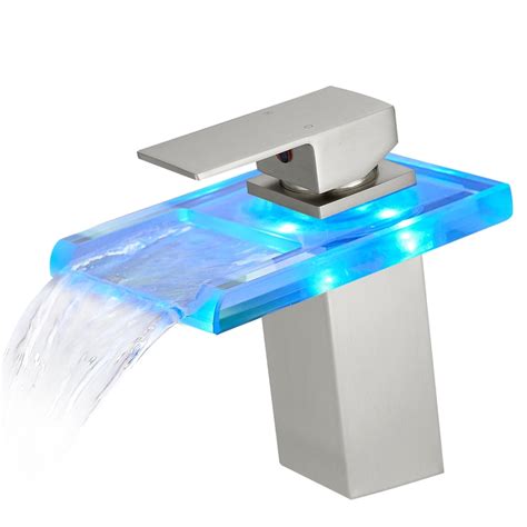 Bathroom Sink Faucet Led Light Colors Changing Waterfall Glass Spout Hot Cold Water Mixer