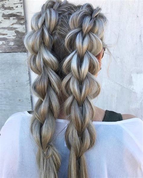 Two Braids Ash Grey Hair White Top Easy Braid Hairstyles Braids For